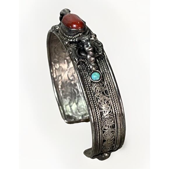VTG Sterling Silver Turquoise Red Coral Cuff Bracelet- Ornate Design Adjustable - Picture 4 of 15